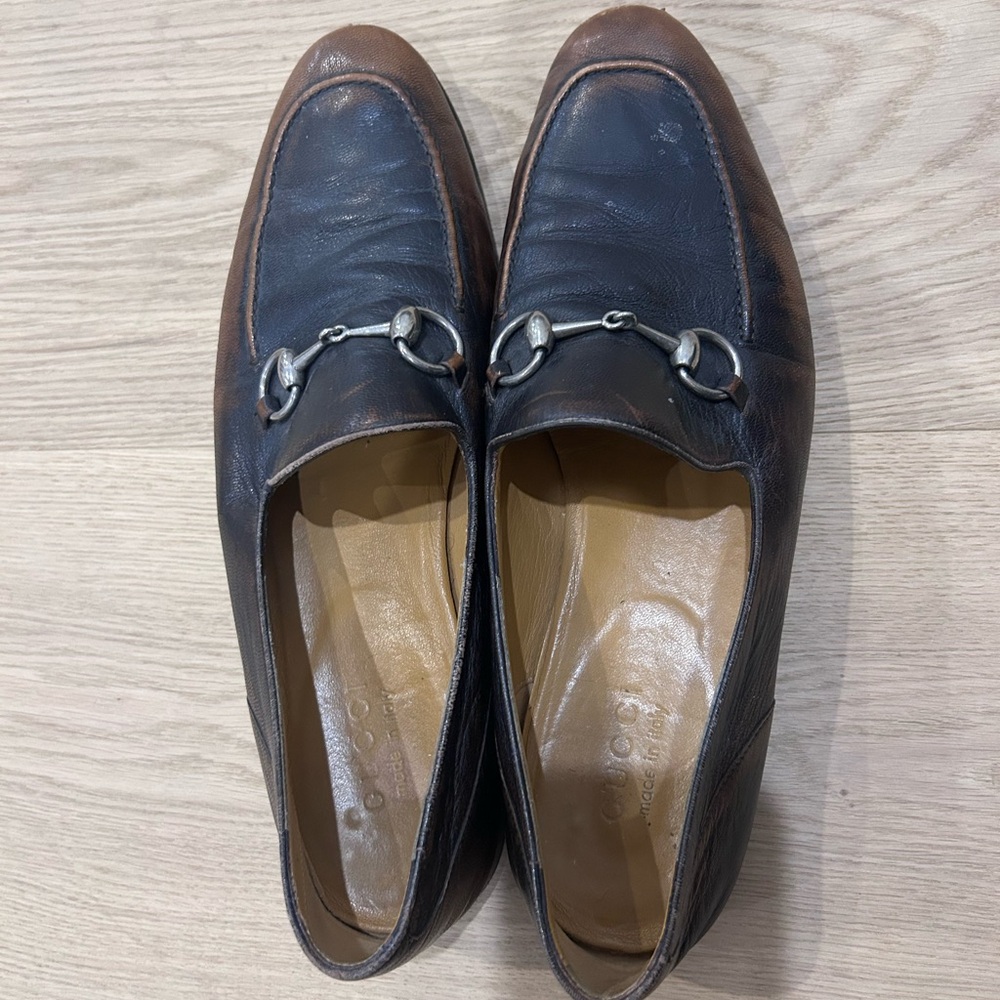 Gucci Black and Brown Leather Loafers with Silver Accents